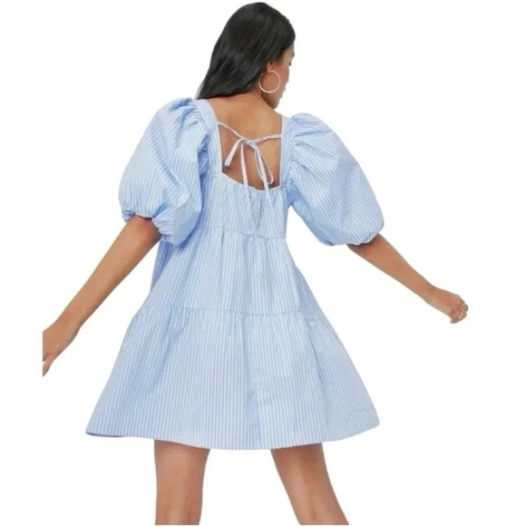 NASTY GAL | Striped Blue/White Puff Sleeve Oversized Mini Shift Dress Size 4 - Picture 3 of 9